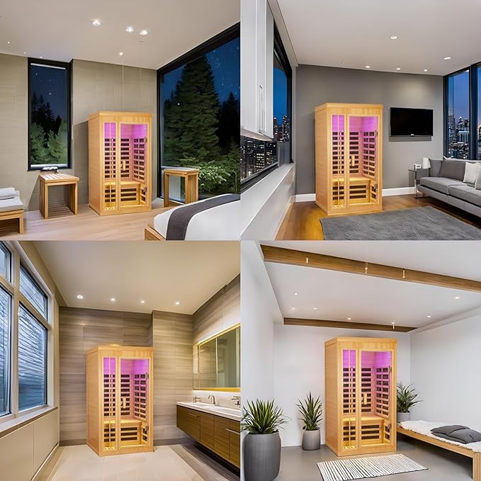 1-2 Person Infrared Sauna, Hemlock Wood Low EMF Far Infrared Saunas for Home, 1350watt Indoor Personal Sauna Room Box with APP Control, Glass Door, Blue-Tooth, LCD, LED Reading Light