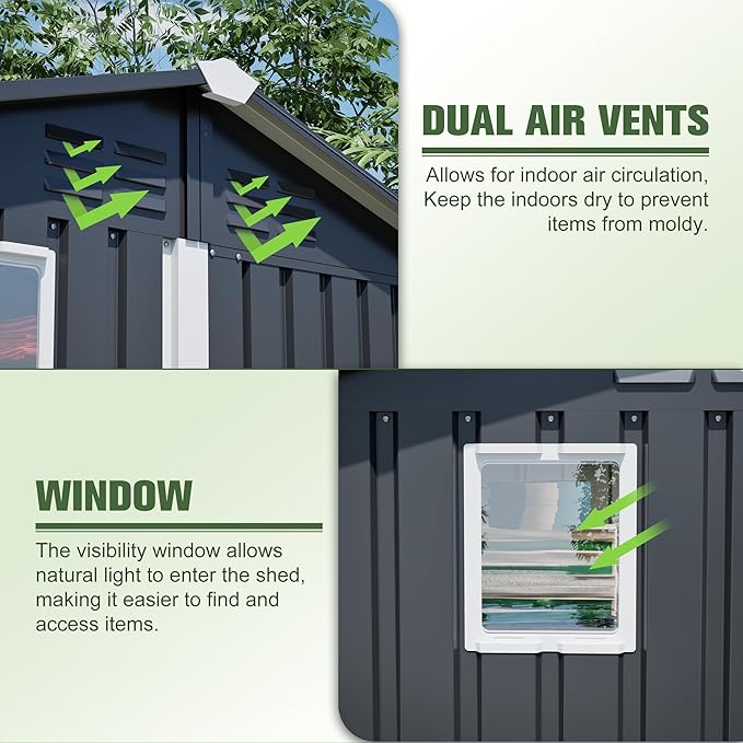 6x4 FT Shed Outdoor Storage Metal Large Garden Tool Sheds with Lockable Doors Gable Roof Window Waterproof Utility Equipment Sheds for Backyard Patio Lawn, Grey (No Floor Frame)