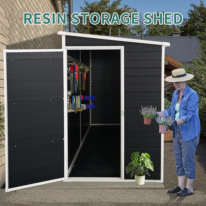 Outdoor Storage Shed, Metal Garden Shed with Double Doors, Galvanized Steel, Waterproof and Rustproof (8x4 FT Resin Shed)