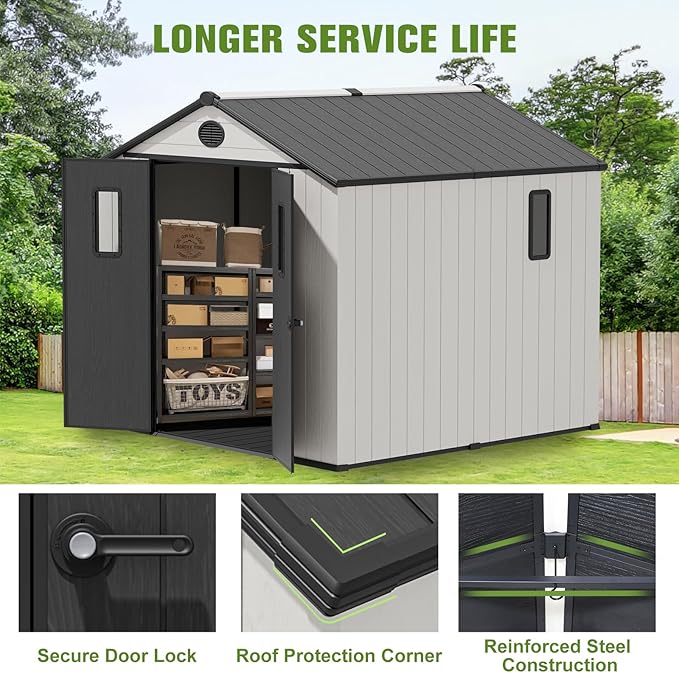 COOS BAY 8x8 Outdoor Resin Storage Shed with Floor, 2 Lockable Doors, All-Weather Durable Garden Shed for Tools & Equipment, White/Gray