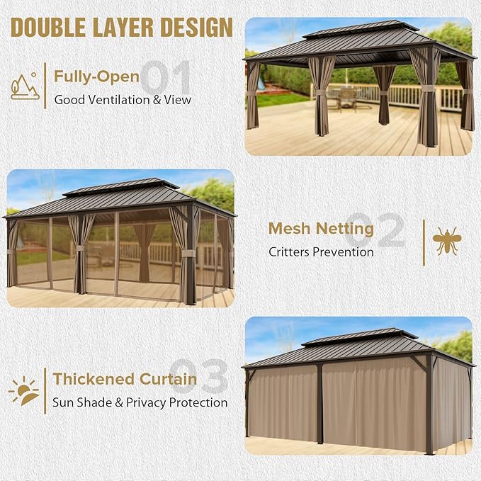COOS BAY 12x20 Hardtop Gazebo with Aluminum Frame, Galvanized Steel Double Roof Outdoor Pavilion with Netting and Curtains, Dark Brown/Tan