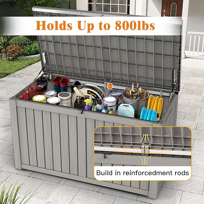 Outdoor Storage Box - Lockable Waterproof UV-Resistant Resin Deck Box for Patio Cushions, Pool Accessories (Grey, 180 Gallon)