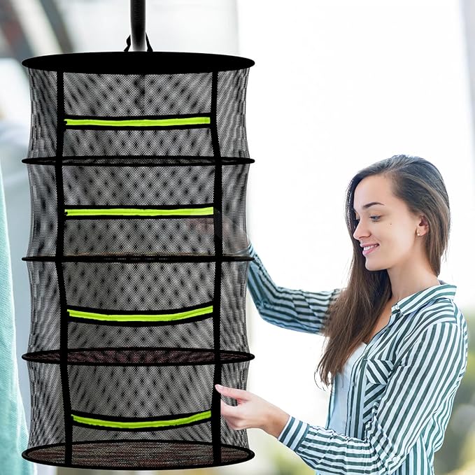 4 Layer Herb Drying Rack Hanging, Plant Drying Rack, Bud Drying Net,Foldable Hanging Dry Rack Net with Green Zipper, Garden Shears & Hooks, for Herbs, Seeds Indoor/Outdoor (23.62")