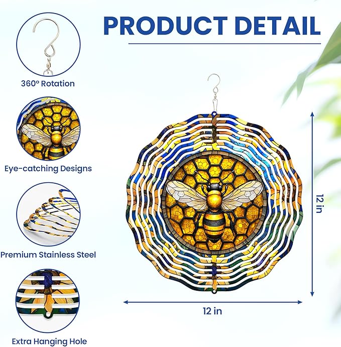 FLAGWIX Christmas Bee Wind Spinners Outdoor - 3D Stainless Steel Metal Wind Spinners 12 in - Bee Gifts Decorations for Home, House Outdoor Garden Decor for Outside, Christmas Garden Gifts for Women