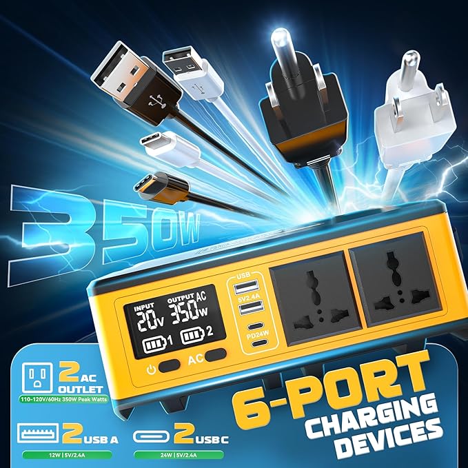 350W Power Station Compatible with Dewalt: LIVOWALNY Portable Generator DC 20V to AC 110-120V Power Inverter Battery Adapter Phone Charger 2 USB-A & 2 Type-C & 2 AC Outlet & 7 Colors RGB Light