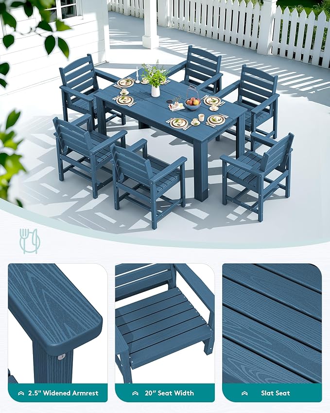 SERWALL Patio Dining Set for 6, Outdoor Dining Sets for 6 Person with 1 Umbrella Hole Cut-Out Rectangular Table and 6 Chairs, HDPE Dining Sets for Garden, Backyard, Poolside, Blue