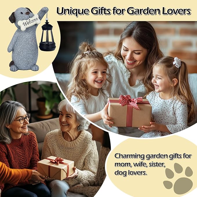 Dog Garden Statue with Solar Lantern, Cute Dog Figurine Light Decor with Welcome Sign for Outdoor Patio Balcony Yard Art, Warming Unique Resin Statue for Mom Grandma Women