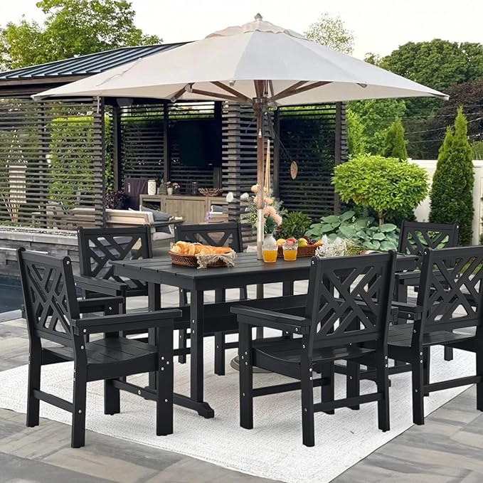 5 Piece HDPE Outdoor Dining Set for 4 Patio Dining Furniture Set with Umberlla Hole, Weather Resistent Outdoor Table and Chairs for Garden, Poolside, Backyard, Deck, Black