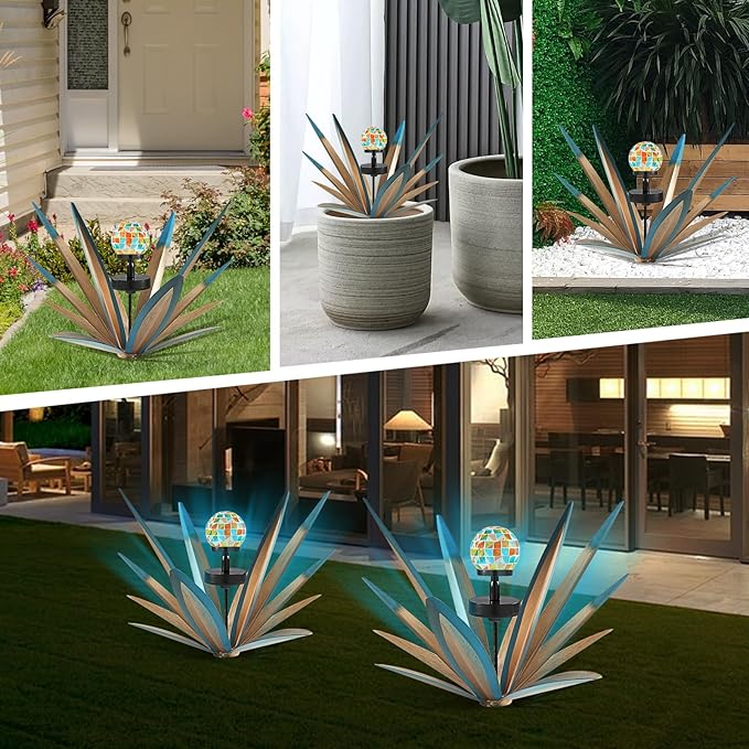 TOMBABY Solar Rustic Garden Style Metal Agave Plants Outdoor Patio, Home Decor Hand-Painted Metal Agave Garden Patio Statues, Suitable for Desert Areas, Outdoor Lawn Decorations (3 Solar Blue)