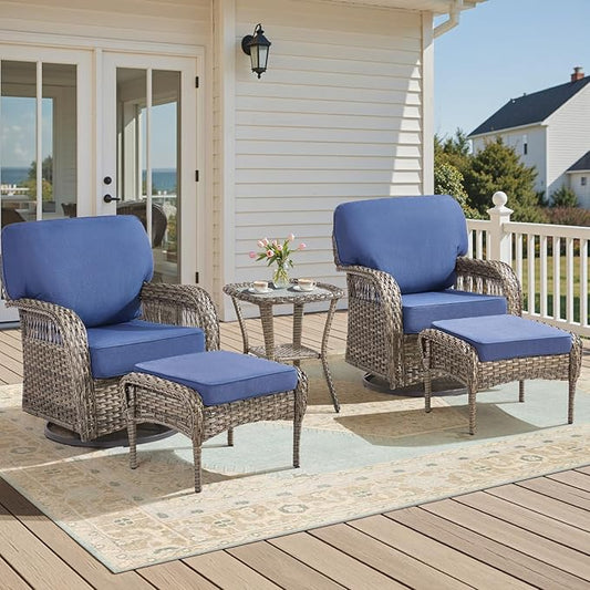 5 Pieces Patio Furniture Set Outdoor Sectional Sofa Couch with Rocking Swivel Chairs 5" Deep Seat Chairs, Modern Wicker Rattan Conversation Set, Blue/Gray Wicker
