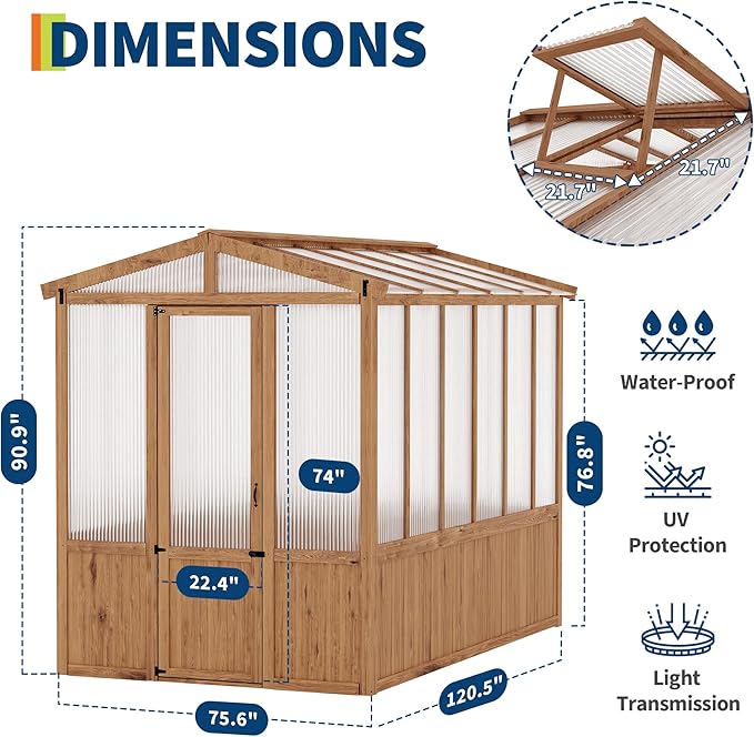 6x10FT Wooden Greenhouse with Cedar Frame, Outdoor Wood Greenhouses with Roof Vent, Wood and Polycarbonate Walk-in Greenhouse