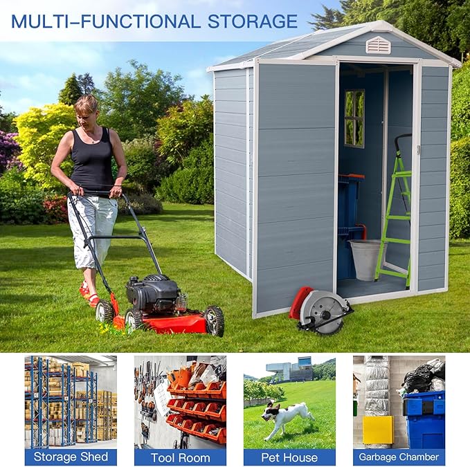 JT 4×6ft Resin Outdoor Storage Shed,Outdoor Storage Shed with Floor & Window to Store Patio Furniture, Garden Tools Bike Accessories, Beach Chairs and Lawn Mower. (4ft×6ft)