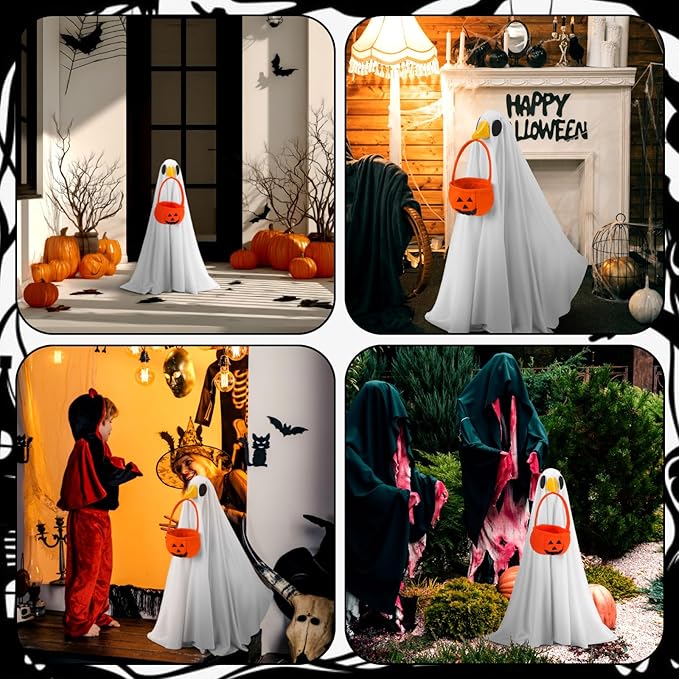 Abbylike Halloween Porch Goose Outfit Ghost Goose Outfit Fall Halloween Geese Costume Clothes with Pumpkin Bag for 23'' Cement Plastic Duck Yard Lawn Statue Decorations