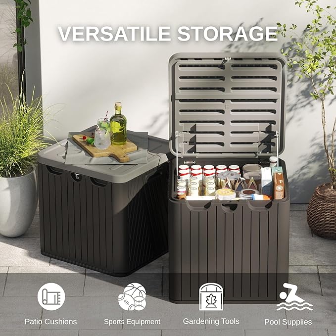 60 Gallon Outdoor Storage Box, Waterproof Patio Deck Box with Lockable Lid, Heavy-Duty HDPE Bench for Garden Tools, Cushions (Black, 60 Gallon)