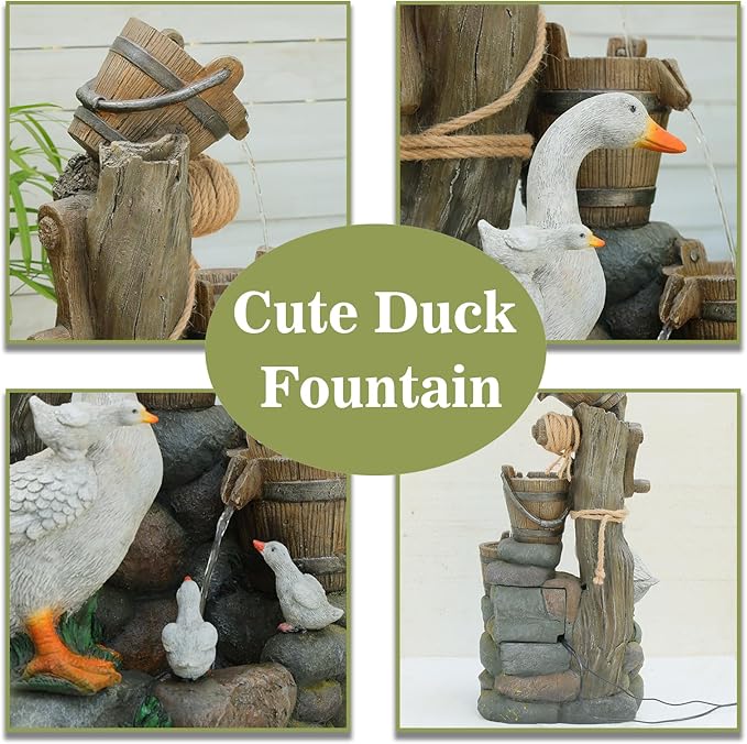 4-Tiers Cascading Outdoor Water Fountain, 31.9'' Tall Duck & Wooden Bucket Stump Waterfall Garden Fountains with LED Lights & Pump Water Feature Resin for Patio, Deck, Yard, Home Decor