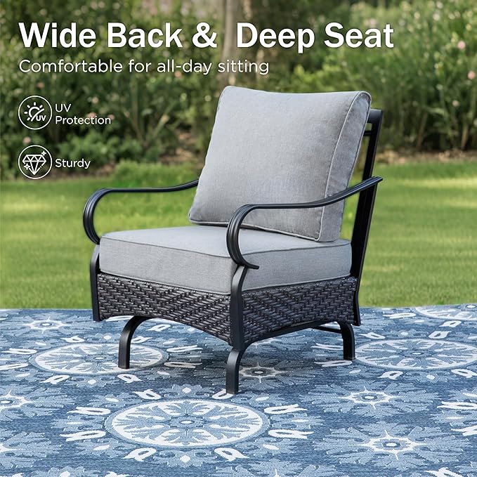 PHI VILLA Outdoor Modern Patio Furniture Set, Upgraded Wicker&Metal Patio Furniture Conversation Set with Waterproof Thick Cushions for Porch, Poolside, Deck, and Yard (5 Pieces,Grey)
