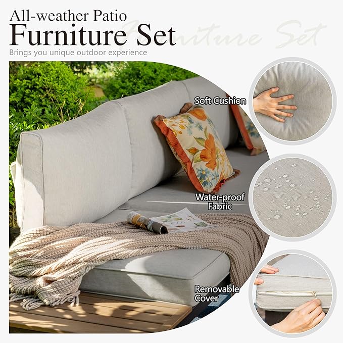 Sophia & William 6 Pieces Patio Furniture Set with 45" Fire Pit Table, Metal Outdoor Sectional Sofa Set -2 x Single Couch with Side Table,2 x Single Sofa,1 x Loveseat,1 x Propane Fire Pit