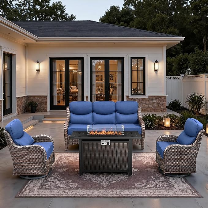 HUMMUH 4 Pieces Patio Furniture Set with Fire Pit High Back Outdoor Furniture Set 6-inch Cushions Wicker Patio Swivel Rocker Chairs for Balcony Garden,Lawn,Deck