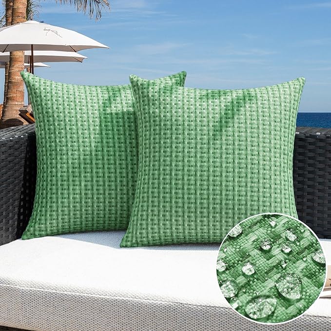 Kevin Textile Outdoor Waterproof Throw Pillow Covers Pack of 2 Farmhouse Decorative Cushion Covers for Garden Patio Tent Balcony Bench Couch Sofa 22x22 Inch, Sage Green