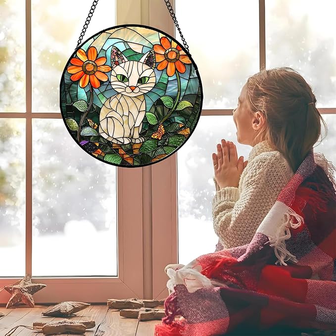 Stained Glass Window Hanging - White Cat Green Plants Orange Flowers Sun Catcher for Door Garden Home Decor Suncatcher Christmas Mother's Day Birthday Gifts for Women Men Mom Nana 11.8 in