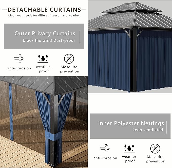 12x14ft Hardtop Gazebo Double Roof, Outdoor Pavilion with 2-Layer Hard top Galvanized Iron Frame Garden Tent, Suitable for courtyards, backyards, Decks, and Grass