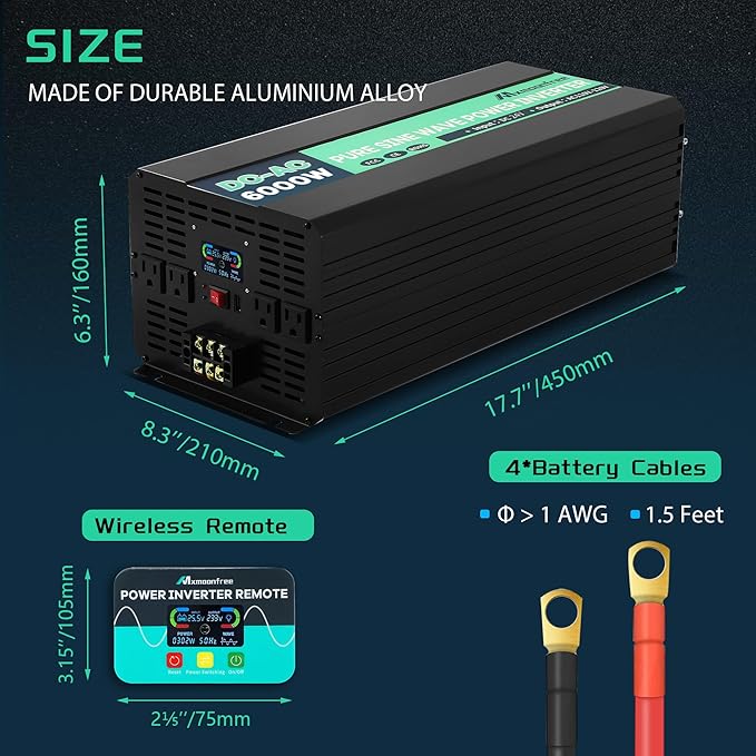 6000W 24V Pure Sine Wave Inverter 24V DC to 110V AC with Wireless Remote LCD Display 4 AC Outlets, 1 USB and Terminal Blocks for RV Truck Cabin Off Grid