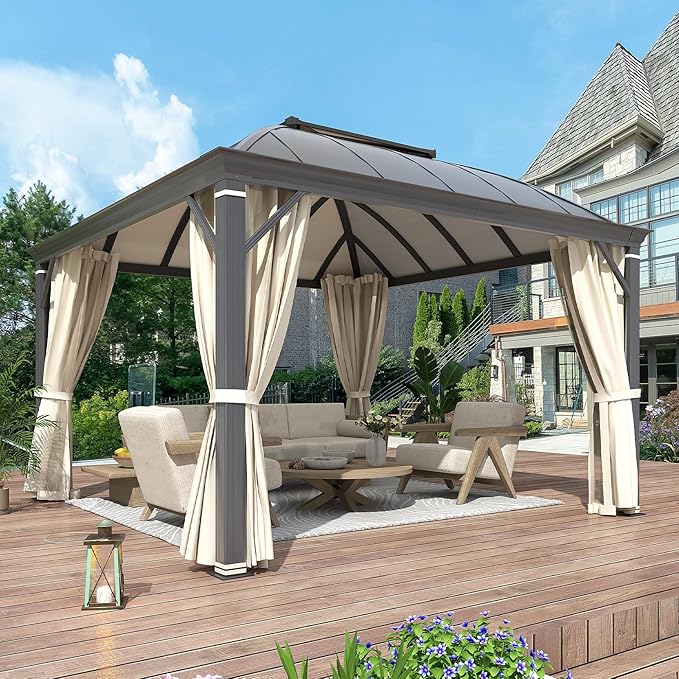 YOLENY 12'x12' Hardtop Gazebo, Permanent Outdoor Aluminum Patio Gazebo with Aluminum Composite Double Arc Roof for Patio Lawn and Garden, Curtains and Netting Included