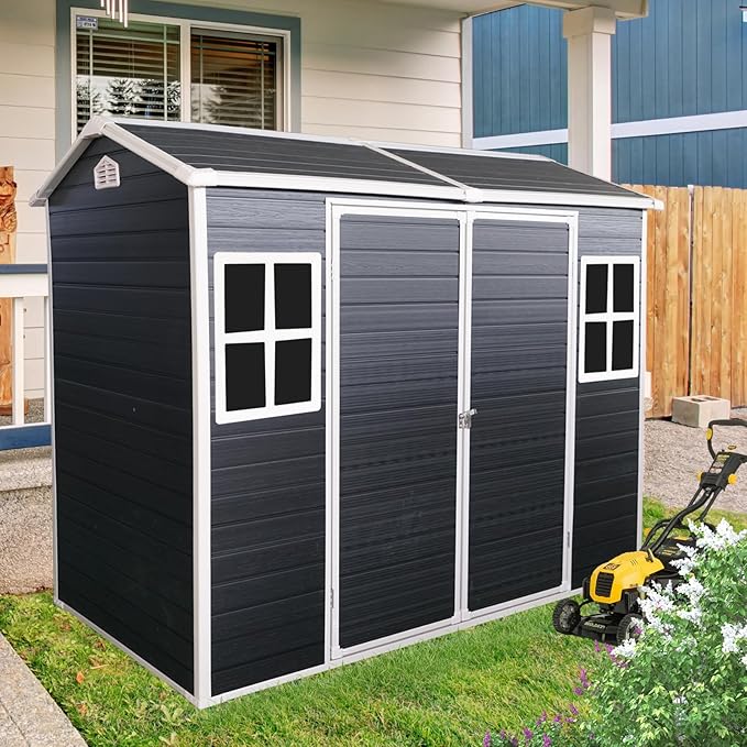 Outdoor Storage Shed with Two-Window and Double-Door, Resin Storage Shed with Lockable Door, Plastic Shed with Floor for Gargen, Patio, Yard, Lawn (Black, 8 x 4 FT)