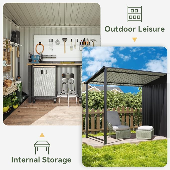 Aoxun 6x4FT Outdoor Storage Shed & Hardtop Gazebo Combo, 12x4FT Metal Lean to Shed with Open-Sided Pergola, 2-in-1 Durable Garden Tool Shed for Patio, Backyard, Deck