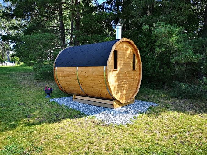 ZONEMEL Customize Outdoor Steam Saun, Traditional Barrel Sauna for 4-8 Person, Canadian Pine/Hemlock/Cedar, Porch Option, Window Selection, Wood Burning Stove (0-195 °F)