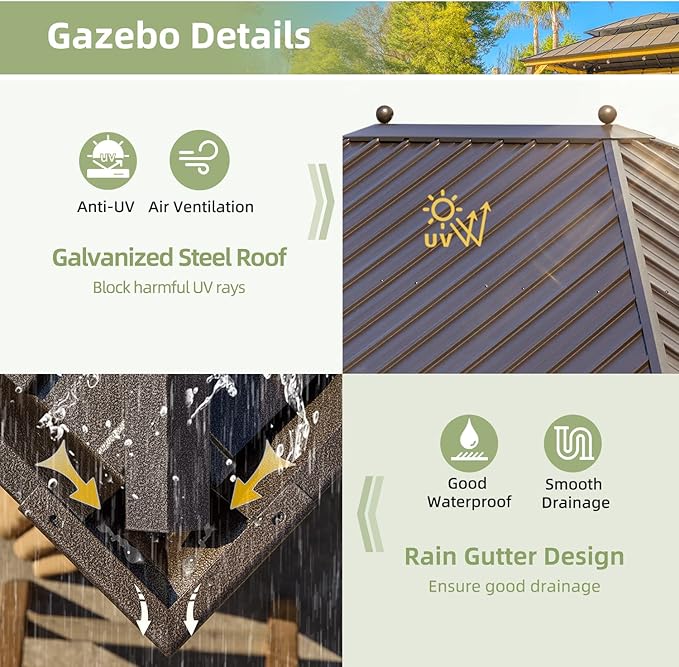 YOLENY 12' X 16' Hardtop Gazebo Galvanized Steel Outdoor Patio Gazebos Canopy Permanent Gazebo with Single Roof Aluminum Frame, Netting & Curtains for Garden, Patio, Lawns, Deck