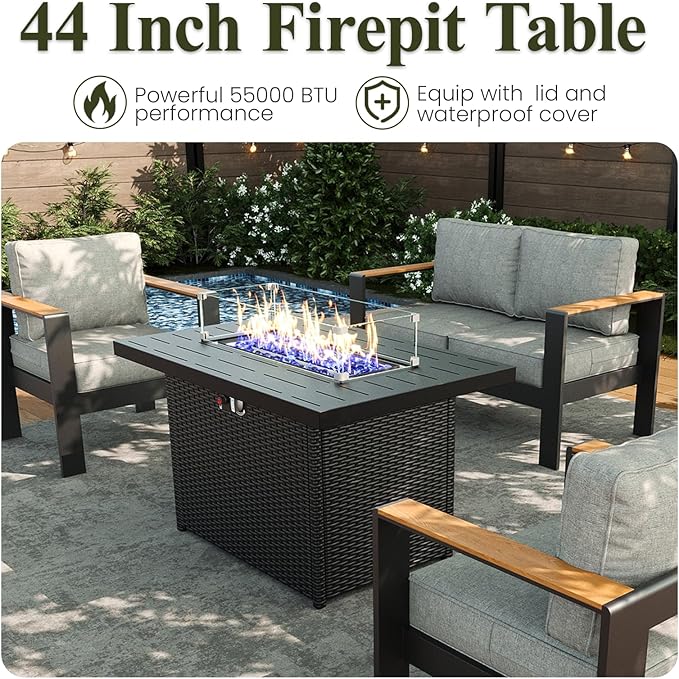 LayinSun 4 Piece Aluminum Outdoor Furniture Set with Fire Pit Table, Outside Patio Deep Seating Conversation Set with Upgraded Washable Thick Cushion