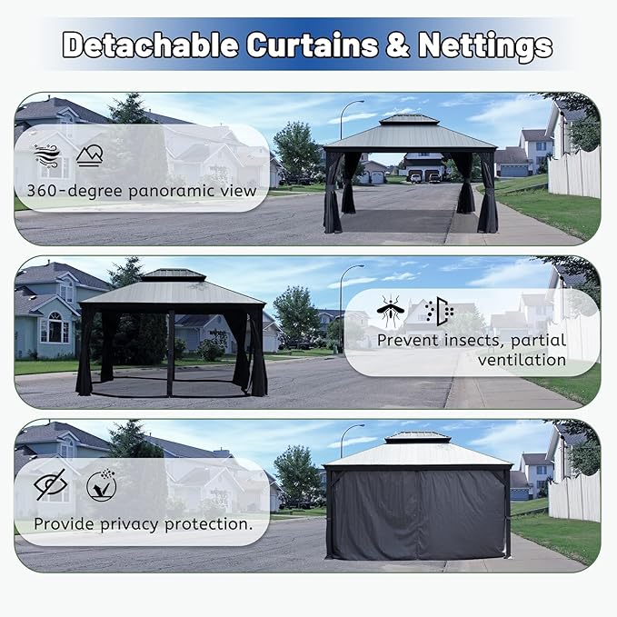 Outdoor Hardtop Gazebo for Patio 10x12FT with Resin-Galvanized Steel Roof, Metal Hard Top Gazebo with Gutters, Heavy Duty Gazebos All Season with Curtains & Netting, for Deck, Backyard, Hot Tub