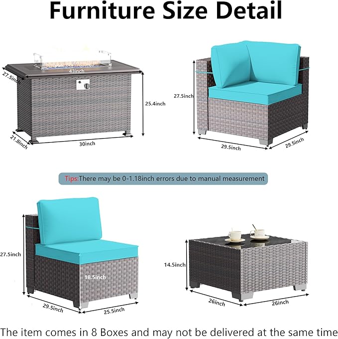 Outdoor Patio Furniture Set with Propane Fire Pit Table, 15 Pieces Outdoor Furniture Patio Sectional Sofa Conversation Sets w/ETL Approved Gas Outdoor Fire Table & Coffee Table(Blue)