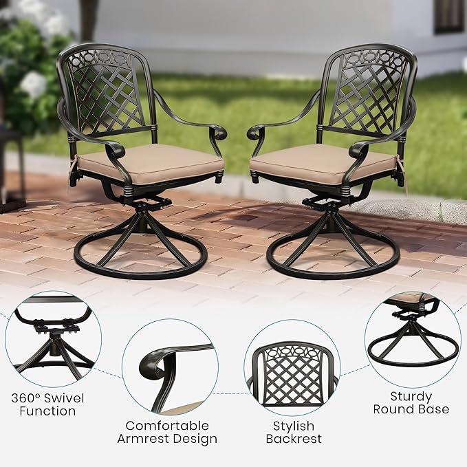 Set of 8 Cast Aluminum Patio Chairs with Cushions, All-Weather Aluminum Outdoor Swivel Chairs, Metal Outdoor Rocking Chairs for Backyard, Poolside and Bistro (Khaki, 8 Pieces)