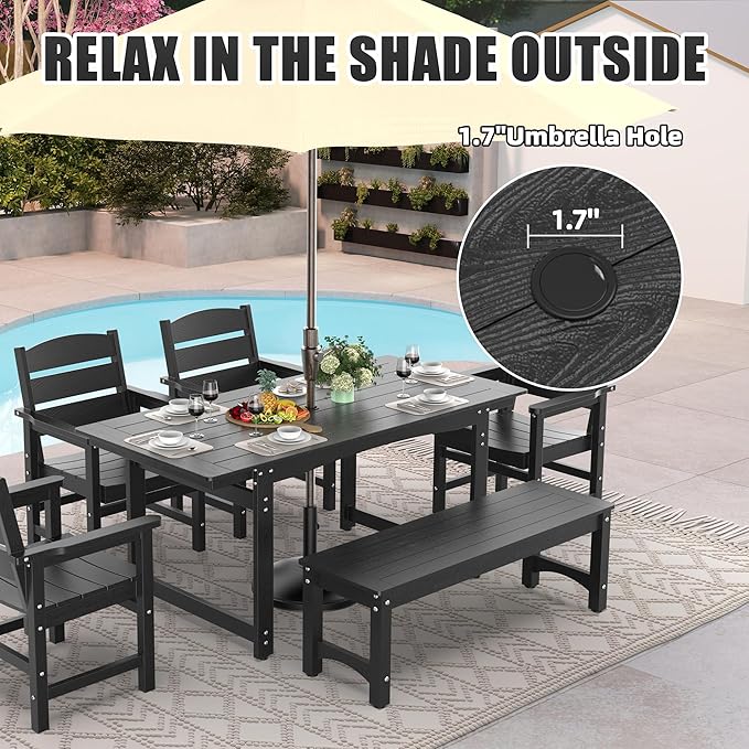 6-Piece HIPS Patio Dining Set, Outdoor Dining Table and Chairs Set with Umbrella Hole, Weatherproof Dining Table Set for 6 Person, Patio Furniture Set for Outside Deck, Black