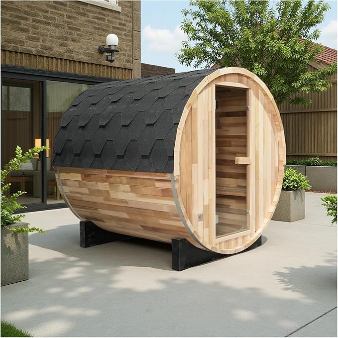 ZONEMEL Indoor and Outdoor Barrel Sauna Room with Asphalt Shingle Roof, Canadian Red Cedar Wood Steam Sauna with 6KW ETL Certified TOULE Heater, Tempered Glass (Cedar, 8 Person)