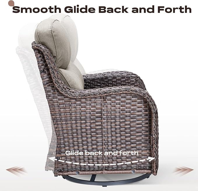 Rilyson Wicker Outdoor Patio Furniture Set - 4 Piece Patio Conversation Set with Swivel Rocker Chairs and Ottomans, 6 inch Cushions, High Back, Deep Seating, for Porch Deck Garden Brown/Beige