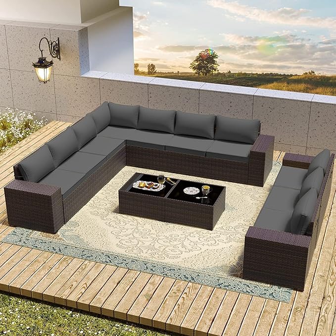 Outdoor Patio Furniture Set, 12 Pieces Outdoor Furniture All Weather Patio Sectional Sofa PE Wicker Modular Conversation Sets with Coffee Table,10 Chairs and Seat Clips Grey