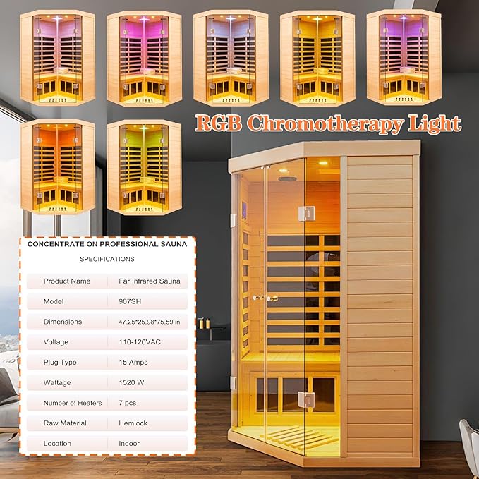 Smart APP Control 2-3 Person Ultra Low EMF (0-5mG) Far Infrared Sauna for Home, 1520W Hemlock Wood Sauna Room with Bluetooth Speaker & Chromotherapy Lights, LCD Touch Panel, Constant Temperature Cover
