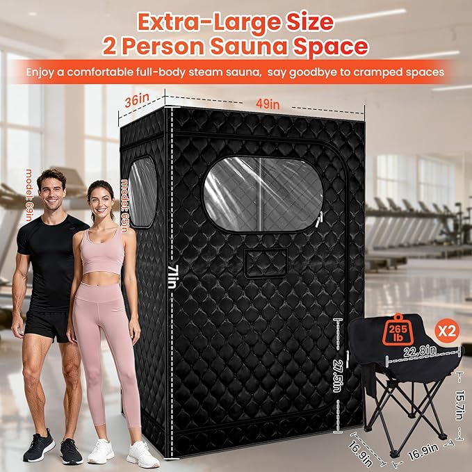 2 Person Sauna, Upgraded Portable Sauna for Home, Extra Large Personal Steam Sauna Box with 2 Steamer, 2 Folding Chair, 71”x 49”x 36”, Full Body Steam Tent at Home Sauna for Relaxation Spa, Black