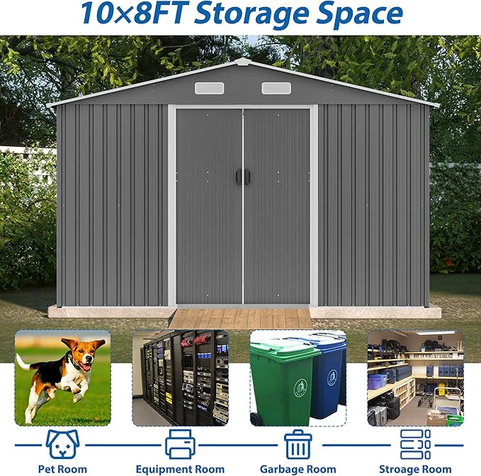 10X8 FT Outdoor Tool Storage Shed with Metal Foundation & Lockable Doors, All Weather Metal Sheds for Garden, Patio, Backyard, Lawn, Gray