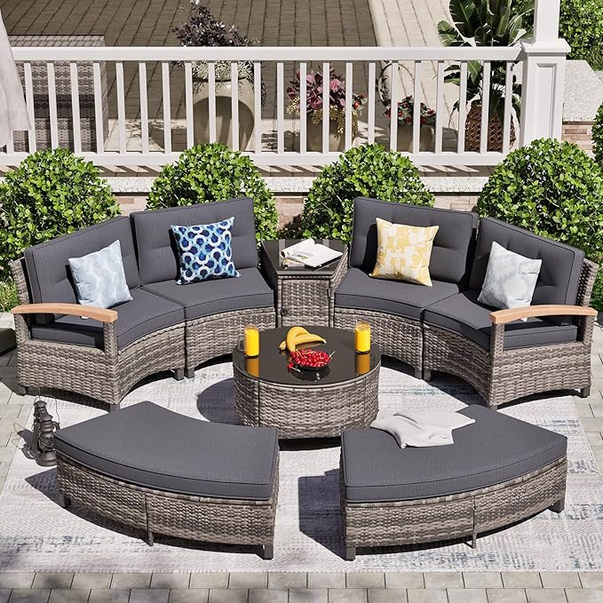 MEISSALIVVE 8 Piece Outdoor Patio Furniture Set, Half-Moon Curved Sectional Set with Wood Armrests, Patio Conversation Set, 2 Half-Moon Ottomans，Coffee & Side Tables (Grey)