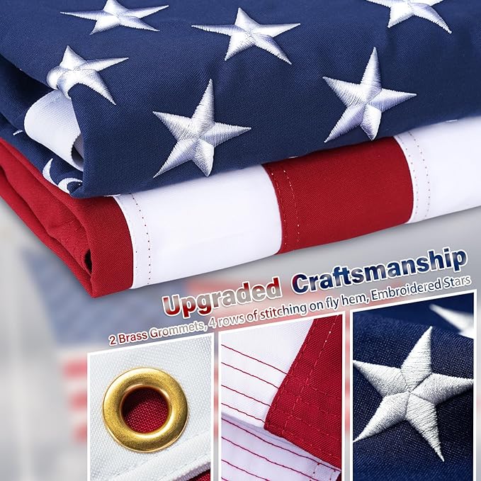 Deluxe Cotton American Flag 5x8 FT for Outside, Tear Resistant US Flags High Wind with Embroidered Stars, Sewn Stripes, the Best Indoor Outdoor Flag
