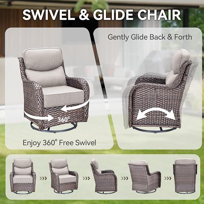HUMMUH Outdoor Patio Wicker Swivel Rocker Chairs with 6-Inch Thick Cushion High Back 3 PCS Wicker Conversation Set for Porch Balcony Deck