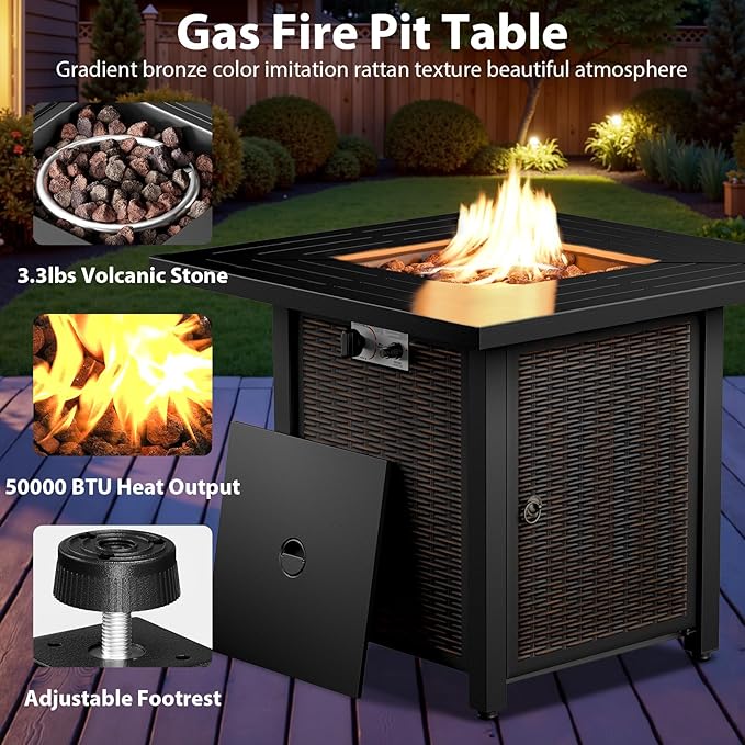 7 Piece Patio Furniture Set with Fire Pit Table - Wicker Patio Conversation Set with Swivel Glider, Glider Loveseat, Side Table and 2 Ottomans for Deck Backyard - Grey Wicker Red Cushion