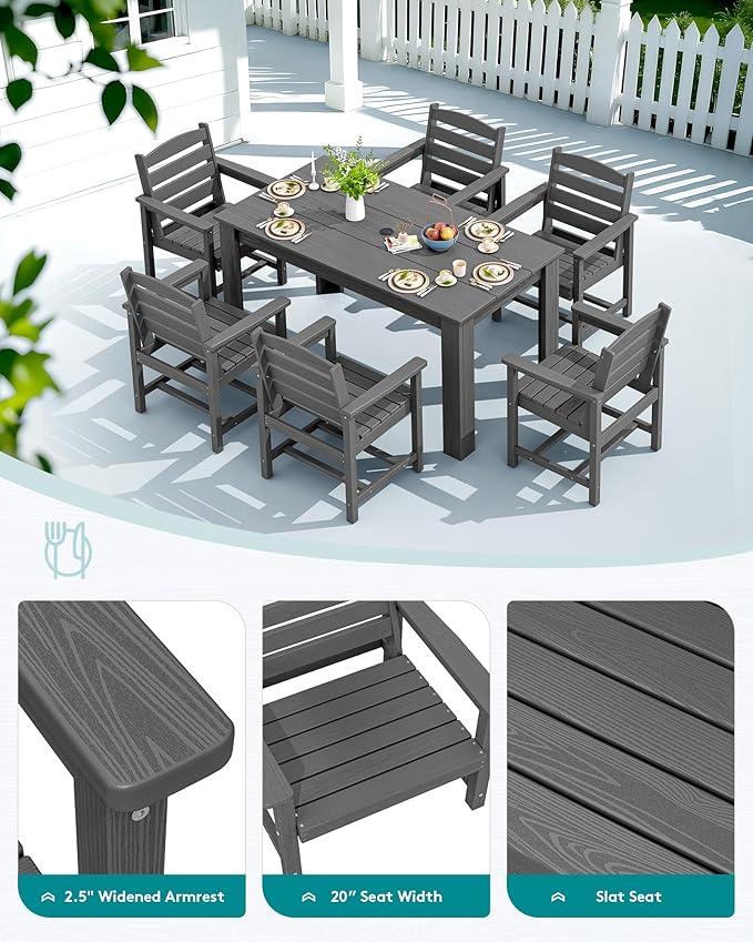 SERWALL Patio Dining Set for 4, Outdoor Dining Sets for 4 Person with 1 Umbrella Hole Cut-Out Rectangular Table and 4 Chairs, HDPE Dining Sets for Garden, Backyard, Poolside, Gray