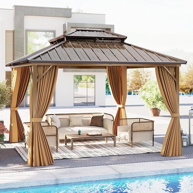 Tangkula 12x12 FT Hardtop Gazebo, Outdoor Permanent Pavilion Shelter with Netting & Curtain, Heavy-Duty Double Galvanized Metal Roof, Aluminum Frame, Outdoor Gazebo for Patio Garden Deck Lawn