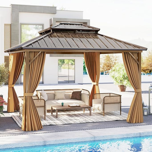 Tangkula 12x12 FT Hardtop Gazebo, Outdoor Permanent Pavilion Shelter with Netting & Curtain, Heavy-Duty Double Galvanized Metal Roof, Aluminum Frame, Outdoor Gazebo for Patio Garden Deck Lawn