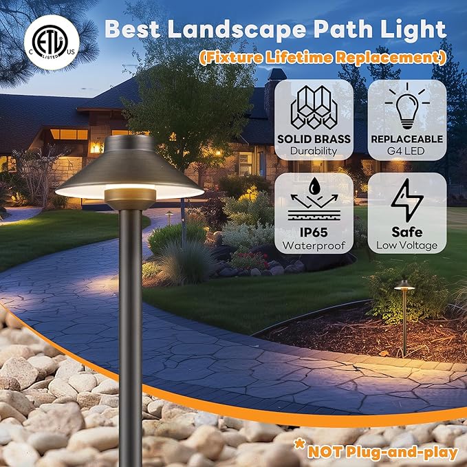 Gardenreet Outdoor Brass Pathway Lights - Low Voltage Landscape Path Lighting Wired, 12v Walkway Light LED IP65 Waterproof, Hat-Top Bronze for Outside Garden Yard Driveway G4 Bulb Not Included